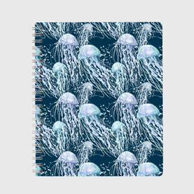Тетрадь с принтом Медузы в Тюмени, 100% бумага | 48 листов, плотность листов — 60 г/м2, плотность картонной обложки — 250 г/м2. Листы скреплены сбоку удобной пружинной спиралью. Уголки страниц и обложки скругленные. Цвет линий — светло-серый
 | bubbles | cant | depth | dome | float | flock | jellyfish | long | mirror | sea | shimmer | tails | transparent | water | вода | глубина | длинные | зеркальное | косяк | купол | медузы | мерцание | море | плывут | прозрачные | пузыри | стая | хвосты