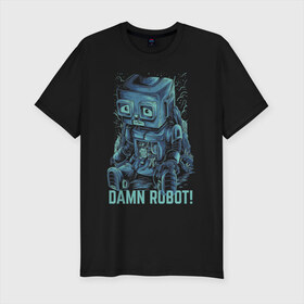 Мужская футболка премиум с принтом Робот в Тюмени, 92% хлопок, 8% лайкра | приталенный силуэт, круглый вырез ворота, длина до линии бедра, короткий рукав | Тематика изображения на принте: robot | неон | робот | сломанный робот