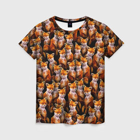 Женская футболка 3D с принтом Упоротые лисы в Тюмени, 100% полиэфир ( синтетическое хлопкоподобное полотно) | прямой крой, круглый вырез горловины, длина до линии бедер | fox | животные | лис | лиса | лисичка | мем | паттрен | рыжий | толпа | упортый | фыр фыр