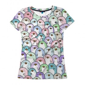 Женская футболка 3D с принтом Цветные Пингвинчики в Тюмени, 100% полиэфир ( синтетическое хлопкоподобное полотно) | прямой крой, круглый вырез горловины, длина до линии бедер | colors | cute | детский | лапочка | милый | мимими | паттерн | пингвин | северный полюс | стая | толпа