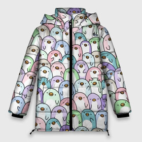 Женская зимняя куртка 3D с принтом Цветные Пингвинчики в Тюмени, верх — 100% полиэстер; подкладка — 100% полиэстер; утеплитель — 100% полиэстер | длина ниже бедра, силуэт Оверсайз. Есть воротник-стойка, отстегивающийся капюшон и ветрозащитная планка. 

Боковые карманы с листочкой на кнопках и внутренний карман на молнии | Тематика изображения на принте: colors | cute | детский | лапочка | милый | мимими | паттерн | пингвин | северный полюс | стая | толпа