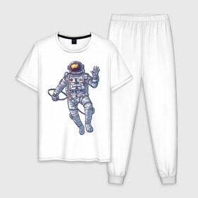 Мужская пижама хлопок с принтом Космонавт BIGSPACE в Тюмени, 100% хлопок | брюки и футболка прямого кроя, без карманов, на брюках мягкая резинка на поясе и по низу штанин
 | Тематика изображения на принте: без фона | космонавт | космос