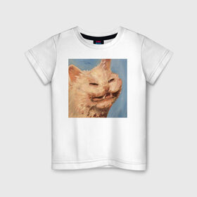 Детская футболка хлопок с принтом МЕМ КОТ в Тюмени, 100% хлопок | круглый вырез горловины, полуприлегающий силуэт, длина до линии бедер | искусство | кот | кот мем | котомем | коты мемы | кошка | кошка мем | лицо | лицо кота | лицо кошки | мем | мем кот | мем кошка | нарисованный | перекосившиеся лицо | рисунок | рожа кота