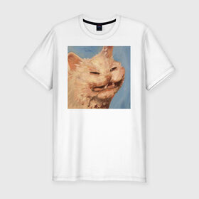 Мужская футболка премиум с принтом МЕМ КОТ в Тюмени, 92% хлопок, 8% лайкра | приталенный силуэт, круглый вырез ворота, длина до линии бедра, короткий рукав | искусство | кот | кот мем | котомем | коты мемы | кошка | кошка мем | лицо | лицо кота | лицо кошки | мем | мем кот | мем кошка | нарисованный | перекосившиеся лицо | рисунок | рожа кота