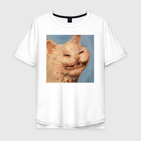 Мужская футболка хлопок Oversize с принтом МЕМ КОТ в Тюмени, 100% хлопок | свободный крой, круглый ворот, “спинка” длиннее передней части | искусство | кот | кот мем | котомем | коты мемы | кошка | кошка мем | лицо | лицо кота | лицо кошки | мем | мем кот | мем кошка | нарисованный | перекосившиеся лицо | рисунок | рожа кота