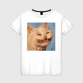 Женская футболка хлопок с принтом МЕМ КОТ в Тюмени, 100% хлопок | прямой крой, круглый вырез горловины, длина до линии бедер, слегка спущенное плечо | искусство | кот | кот мем | котомем | коты мемы | кошка | кошка мем | лицо | лицо кота | лицо кошки | мем | мем кот | мем кошка | нарисованный | перекосившиеся лицо | рисунок | рожа кота