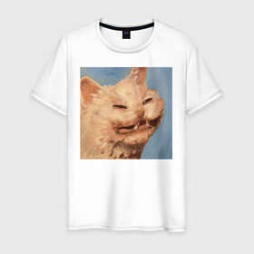 Мужская футболка хлопок с принтом МЕМ КОТ в Тюмени, 100% хлопок | прямой крой, круглый вырез горловины, длина до линии бедер, слегка спущенное плечо. | искусство | кот | кот мем | котомем | коты мемы | кошка | кошка мем | лицо | лицо кота | лицо кошки | мем | мем кот | мем кошка | нарисованный | перекосившиеся лицо | рисунок | рожа кота