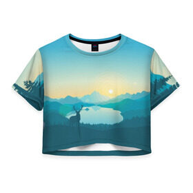 Женская футболка 3D укороченная с принтом Векторная природа в Тюмени, 100% полиэстер | круглая горловина, длина футболки до линии талии, рукава с отворотами | firewatch | вектор | восход | гора | горы | дерево | деревья | закат | лес | небо | озеро | олень | природа | природный заповедник | река | северный олень | солнце