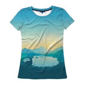 Женская футболка 3D с принтом Векторная природа в Тюмени, 100% полиэфир ( синтетическое хлопкоподобное полотно) | прямой крой, круглый вырез горловины, длина до линии бедер | firewatch | вектор | восход | гора | горы | дерево | деревья | закат | лес | небо | озеро | олень | природа | природный заповедник | река | северный олень | солнце