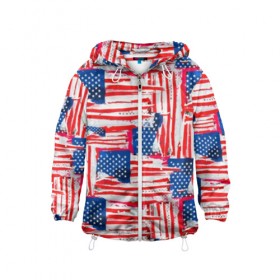 Детская ветровка 3D с принтом Флаг США Американский стиль в Тюмени, 100% полиэстер | подол и капюшон оформлены резинкой с фиксаторами, по бокам два кармана без застежек, один потайной карман на груди | Тематика изображения на принте: 