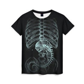 Женская футболка 3D с принтом Чужой на Рентгене в Тюмени, 100% полиэфир ( синтетическое хлопкоподобное полотно) | прямой крой, круглый вырез горловины, длина до линии бедер | alien | больница | больной | внутренний мир | врач | клиника | кости | пациент | ребра | рентген | скелет | снимок | хищник