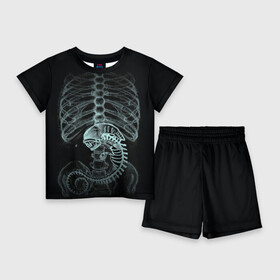 Детский костюм с шортами 3D с принтом Чужой на Рентгене в Тюмени,  |  | alien | больница | больной | внутренний мир | врач | клиника | кости | пациент | ребра | рентген | скелет | снимок | хищник