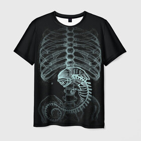 Мужская футболка 3D с принтом Чужой на Рентгене  в Тюмени, 100% полиэфир | прямой крой, круглый вырез горловины, длина до линии бедер | alien | больница | больной | внутренний мир | врач | клиника | кости | пациент | ребра | рентген | скелет | снимок | хищник