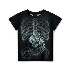 Детская футболка 3D с принтом Чужой на Рентгене в Тюмени, 100% гипоаллергенный полиэфир | прямой крой, круглый вырез горловины, длина до линии бедер, чуть спущенное плечо, ткань немного тянется | Тематика изображения на принте: alien | больница | больной | внутренний мир | врач | клиника | кости | пациент | ребра | рентген | скелет | снимок | хищник