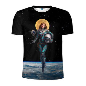 Мужская футболка 3D спортивная с принтом Девушка-космонавт в Тюмени, 100% полиэстер с улучшенными характеристиками | приталенный силуэт, круглая горловина, широкие плечи, сужается к линии бедра | nasa | вселенная | девушка | звёзды | земля | космос | луна | наса | небо | нимб | планета | скафандр | спутник | ссср