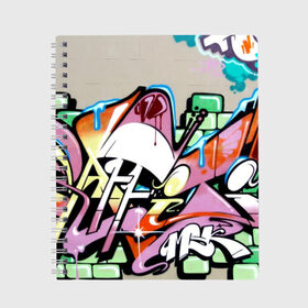 Тетрадь с принтом Надписи граффити в Тюмени, 100% бумага | 48 листов, плотность листов — 60 г/м2, плотность картонной обложки — 250 г/м2. Листы скреплены сбоку удобной пружинной спиралью. Уголки страниц и обложки скругленные. Цвет линий — светло-серый
 | grafiti | paint | street art | urban | город | граффити | искусство | кирпичи | краски | рисунки | стена | улицы | уличное искусство