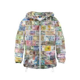 Детская ветровка 3D с принтом Деньги мира в Тюмени, 100% полиэстер | подол и капюшон оформлены резинкой с фиксаторами, по бокам два кармана без застежек, один потайной карман на груди | chf | eur | gbp | jpy | usd | баксы | банкноты | валюта | доллар | евро | купюры | паунд | рубль. | свисси | финансы | фунт стерлингов | швейцарский франк | японская йена