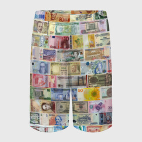 Детские спортивные шорты 3D с принтом Деньги мира в Тюмени,  100% полиэстер
 | пояс оформлен широкой мягкой резинкой, ткань тянется
 | chf | eur | gbp | jpy | usd | баксы | банкноты | валюта | доллар | евро | купюры | паунд | рубль. | свисси | финансы | фунт стерлингов | швейцарский франк | японская йена