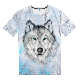 Мужская футболка 3D с принтом Волк в Тюмени, 100% полиэфир | прямой крой, круглый вырез горловины, длина до линии бедер | берёзы | волчара | глаза | зима | лес | матёрый | небо | собака | хищник