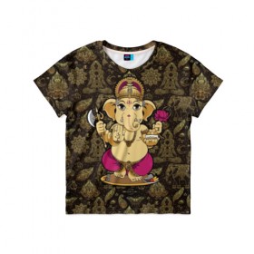 Детская футболка 3D с принтом Ganesha в Тюмени, 100% гипоаллергенный полиэфир | прямой крой, круглый вырез горловины, длина до линии бедер, чуть спущенное плечо, ткань немного тянется | animal | ax | crown | decoration | elephant | ethnic | flower | food | god | gold | hands | hold | india | lily | mouse | благополучие | бог | божество | ганеша | держит | еда | животное | золото | индия | индуизм | корона | лилия | м | много | мудрость |