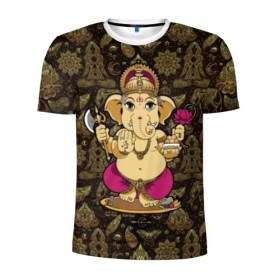 Мужская футболка 3D спортивная с принтом Ganesha в Тюмени, 100% полиэстер с улучшенными характеристиками | приталенный силуэт, круглая горловина, широкие плечи, сужается к линии бедра | Тематика изображения на принте: animal | ax | crown | decoration | elephant | ethnic | flower | food | god | gold | hands | hold | india | lily | mouse | благополучие | бог | божество | ганеша | держит | еда | животное | золото | индия | индуизм | корона | лилия | м | много | мудрость |