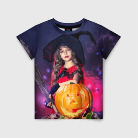 Детская футболка 3D с принтом Маленькая ведьма в Тюмени, 100% гипоаллергенный полиэфир | прямой крой, круглый вырез горловины, длина до линии бедер, чуть спущенное плечо, ткань немного тянется | Тематика изображения на принте: beautiful | crimson | cute | dress | girl | gloves | hair | halloween | hat | holiday | little | long | night | pumpkin | red | smoke | witch | ведьма | волосы | д | девочка | держит | дым | красивая | красная | маленькая | малиновый | метла | милая | ноч
