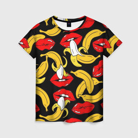 Женская футболка 3D с принтом Губы и бананы в Тюмени, 100% полиэфир ( синтетическое хлопкоподобное полотно) | прямой крой, круглый вырез горловины, длина до линии бедер | Тематика изображения на принте: background | bananas | black | drawing | erotic | food | fruit | lips | red | womens | бананы | губы | еда | женские | красные | рисунок | фон | фрукты | черный