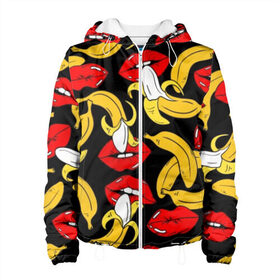 Женская куртка 3D с принтом Губы и бананы в Тюмени, ткань верха — 100% полиэстер, подклад — флис | прямой крой, подол и капюшон оформлены резинкой с фиксаторами, два кармана без застежек по бокам, один большой потайной карман на груди. Карман на груди застегивается на липучку | background | bananas | black | drawing | erotic | food | fruit | lips | red | womens | бананы | губы | еда | женские | красные | рисунок | фон | фрукты | черный