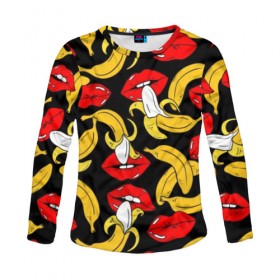 Женский лонгслив 3D с принтом Губы и бананы в Тюмени, 100% полиэстер | длинные рукава, круглый вырез горловины, полуприлегающий силуэт | background | bananas | black | drawing | erotic | food | fruit | lips | red | womens | бананы | губы | еда | женские | красные | рисунок | фон | фрукты | черный