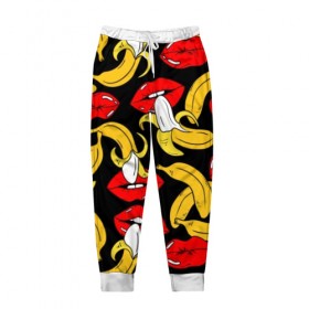 Мужские брюки 3D с принтом Губы и бананы в Тюмени, 100% полиэстер | манжеты по низу, эластичный пояс регулируется шнурком, по бокам два кармана без застежек, внутренняя часть кармана из мелкой сетки | background | bananas | black | drawing | erotic | food | fruit | lips | red | womens | бананы | губы | еда | женские | красные | рисунок | фон | фрукты | черный