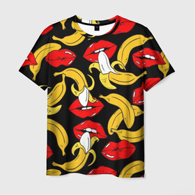 Мужская футболка 3D с принтом Губы и бананы в Тюмени, 100% полиэфир | прямой крой, круглый вырез горловины, длина до линии бедер | background | bananas | black | drawing | erotic | food | fruit | lips | red | womens | бананы | губы | еда | женские | красные | рисунок | фон | фрукты | черный