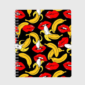 Тетрадь с принтом Губы и бананы в Тюмени, 100% бумага | 48 листов, плотность листов — 60 г/м2, плотность картонной обложки — 250 г/м2. Листы скреплены сбоку удобной пружинной спиралью. Уголки страниц и обложки скругленные. Цвет линий — светло-серый
 | background | bananas | black | drawing | erotic | food | fruit | lips | red | womens | бананы | губы | еда | женские | красные | рисунок | фон | фрукты | черный