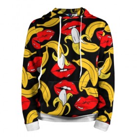 Мужская толстовка 3D с принтом Губы и бананы в Тюмени, 100% полиэстер | двухслойный капюшон со шнурком для регулировки, мягкие манжеты на рукавах и по низу толстовки, спереди карман-кенгуру с мягким внутренним слоем. | background | bananas | black | drawing | erotic | food | fruit | lips | red | womens | бананы | губы | еда | женские | красные | рисунок | фон | фрукты | черный