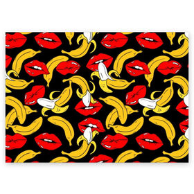 Поздравительная открытка с принтом Губы и бананы в Тюмени, 100% бумага | плотность бумаги 280 г/м2, матовая, на обратной стороне линовка и место для марки
 | Тематика изображения на принте: background | bananas | black | drawing | erotic | food | fruit | lips | red | womens | бананы | губы | еда | женские | красные | рисунок | фон | фрукты | черный