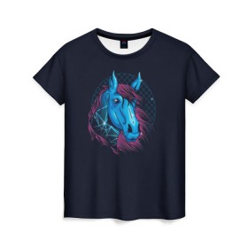 Женская футболка 3D с принтом Лошадь Неон в Тюмени, 100% полиэфир ( синтетическое хлопкоподобное полотно) | прямой крой, круглый вырез горловины, длина до линии бедер | horse | neon | конь | лошади | лошадь | неон | ретро