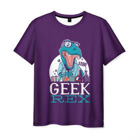 Мужская футболка 3D с принтом Geek Rex в Тюмени, 100% полиэфир | прямой крой, круглый вырез горловины, длина до линии бедер | geek | rex | дино | динозавр | рекс | ученый | физик | физика | химик | химия