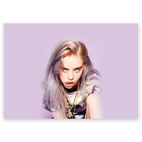 Поздравительная открытка с принтом Billie Eilish в Тюмени, 100% бумага | плотность бумаги 280 г/м2, матовая, на обратной стороне линовка и место для марки
 | Тематика изображения на принте: bad guy | bellyache | billie eilish | bury a friend | ocean eyes | when we all fall asleep where do we go | билли айлиш | музыка | певица