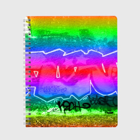 Тетрадь с принтом GRAFFITI NEON в Тюмени, 100% бумага | 48 листов, плотность листов — 60 г/м2, плотность картонной обложки — 250 г/м2. Листы скреплены сбоку удобной пружинной спиралью. Уголки страниц и обложки скругленные. Цвет линий — светло-серый
 | Тематика изображения на принте: grafiti | paint | street art | urban | город | граффити | искусство | кирпичи | краски | рисунки | стена | улицы | уличное искусство