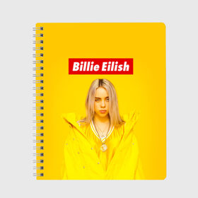 Тетрадь с принтом Billie Eilish в Тюмени, 100% бумага | 48 листов, плотность листов — 60 г/м2, плотность картонной обложки — 250 г/м2. Листы скреплены сбоку удобной пружинной спиралью. Уголки страниц и обложки скругленные. Цвет линий — светло-серый
 | Тематика изображения на принте: bad guy | bellyache | billie eilish | bury a friend | ocean eyes | when we all fall asleep where do we go | билли айлиш | музыка | певица