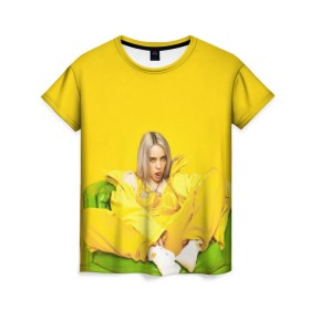 Женская футболка 3D с принтом Billie Eilish в Тюмени, 100% полиэфир ( синтетическое хлопкоподобное полотно) | прямой крой, круглый вырез горловины, длина до линии бедер | Тематика изображения на принте: bad guy | bellyache | billie eilish | bury a friend | ocean eyes | when we all fall asleep where do we go | билли айлиш | музыка | певица