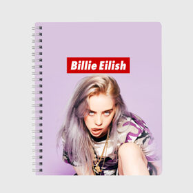 Тетрадь с принтом Billie Eilish в Тюмени, 100% бумага | 48 листов, плотность листов — 60 г/м2, плотность картонной обложки — 250 г/м2. Листы скреплены сбоку удобной пружинной спиралью. Уголки страниц и обложки скругленные. Цвет линий — светло-серый
 | Тематика изображения на принте: bad guy | bellyache | billie eilish | bury a friend | ocean eyes | when we all fall asleep where do we go | билли айлиш | музыка | певица