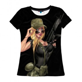 Женская футболка 3D с принтом Sexy army girl в Тюмени, 100% полиэфир ( синтетическое хлопкоподобное полотно) | прямой крой, круглый вырез горловины, длина до линии бедер | army | automatic | beautiful | big | black | blonde | body | camouflage | chest | cool | eyes | girl | holds | perfect | slim | uniform | weapon | автомат | армия | блондинка | большая | глаза | девушка | держит | идеальное | камуфляж | красивая