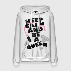 Женская толстовка 3D с принтом Keep calm and be a queen в Тюмени, 100% полиэстер  | двухслойный капюшон со шнурком для регулировки, мягкие манжеты на рукавах и по низу толстовки, спереди карман-кенгуру с мягким внутренним слоем. | appeal | be | diamonds | faceted | font | inscription | keep calm | motto | pink | precious | princess | queen | slogan | stones | text | алмазы | блеск | бриллианты | будь | губн | девиз | драгоценные | камни | королева | лозунг | надпись | помада | приз