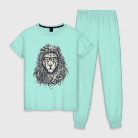 Женская пижама хлопок с принтом Лев хипстер в Тюмени, 100% хлопок | брюки и футболка прямого кроя, без карманов, на брюках мягкая резинка на поясе и по низу штанин | 