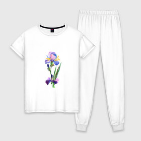 Женская пижама хлопок с принтом Ирис в Тюмени, 100% хлопок | брюки и футболка прямого кроя, без карманов, на брюках мягкая резинка на поясе и по низу штанин | акварель | цветочки | цветы