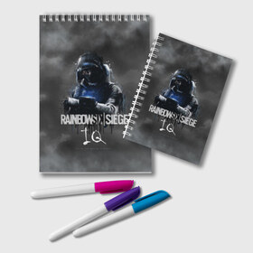 Блокнот с принтом IQ Rainbow Six в Тюмени, 100% бумага | 48 листов, плотность листов — 60 г/м2, плотность картонной обложки — 250 г/м2. Листы скреплены удобной пружинной спиралью. Цвет линий — светло-серый
 | Тематика изображения на принте: gameplay | mozzie | pvp | r6 | r6s | siege | герой | дым | огонь | осада | пламя | радуга | снайпер | сражения | туман | шутер