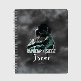 Тетрадь с принтом Jager Rainbow Six в Тюмени, 100% бумага | 48 листов, плотность листов — 60 г/м2, плотность картонной обложки — 250 г/м2. Листы скреплены сбоку удобной пружинной спиралью. Уголки страниц и обложки скругленные. Цвет линий — светло-серый
 | gameplay | mozzie | pvp | r6 | r6s | siege | герой | дым | огонь | осада | пламя | радуга | снайпер | сражения | туман | шутер