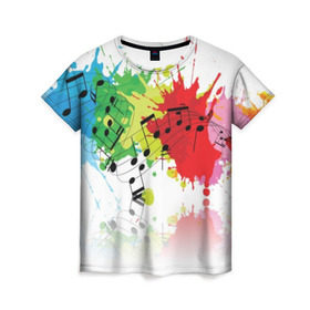 Женская футболка 3D с принтом Ноты color в Тюмени, 100% полиэфир ( синтетическое хлопкоподобное полотно) | прямой крой, круглый вырез горловины, длина до линии бедер | music | абстракция | книга | листы | музыка | музыкальный | ноты | произведение | страница | тетрадь