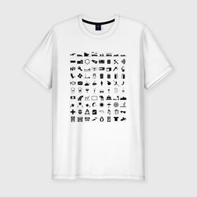 Мужская футболка премиум с принтом 80 знаков для общения в Тюмени, 92% хлопок, 8% лайкра | приталенный силуэт, круглый вырез ворота, длина до линии бедра, короткий рукав | iconspeak | знание языков | объяснить на пальцах | пиктограммы значки travellers tshirt | понять иностранца | понять собеседника | путешествия | туризм | языковой барьер
