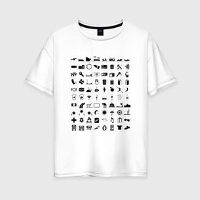 Женская футболка хлопок Oversize с принтом 80 знаков для общения в Тюмени, 100% хлопок | свободный крой, круглый ворот, спущенный рукав, длина до линии бедер
 | iconspeak | знание языков | объяснить на пальцах | пиктограммы значки travellers tshirt | понять иностранца | понять собеседника | путешествия | туризм | языковой барьер